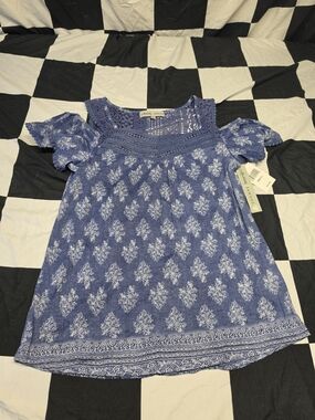 Absolutely Famous Indigo Blue Floral Crochet Cold-Shoulder Top